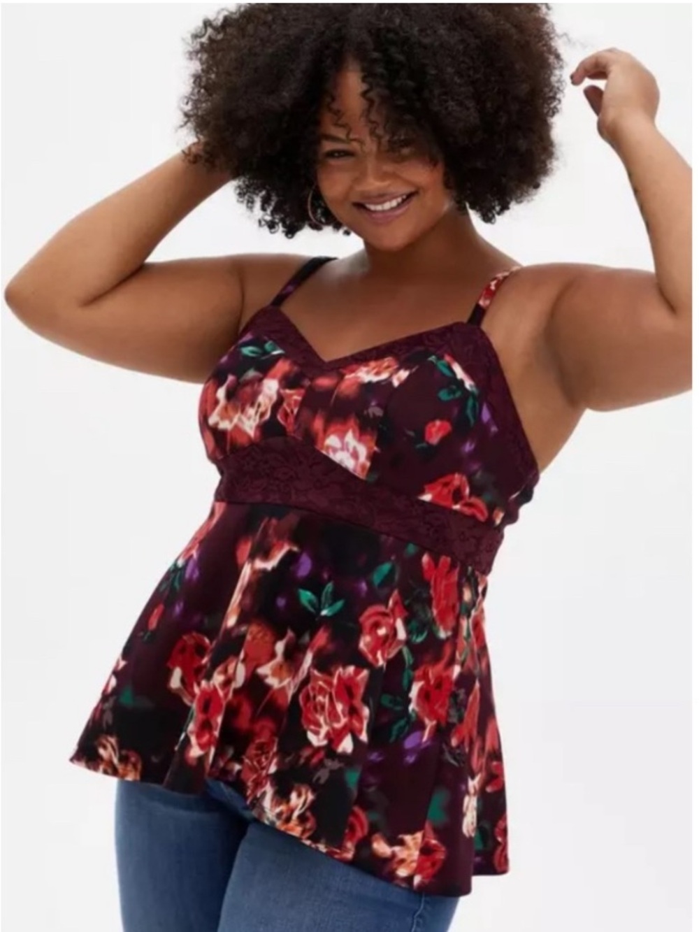 Torrid Plum Scuba Floral Lace-Trim Peplum Camisole Plus Size 1X